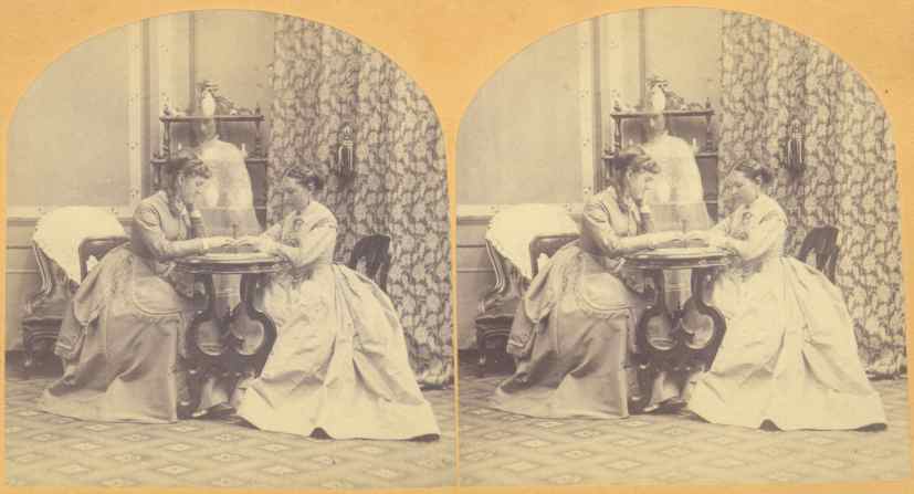 1869 Two Girls and a Spirit-Girl Operating a Planchette, Stereoview by H. P. Moore, New Hampshire